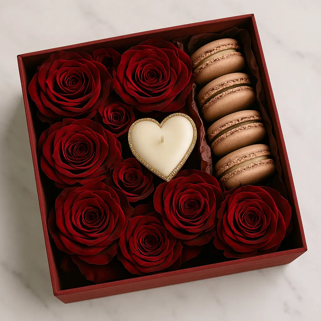 Blush Garden Macaron Box - luxury floral arrangement for delivery in Washington DC | Tempo Lazer Flowers Studio, Washington DC florist