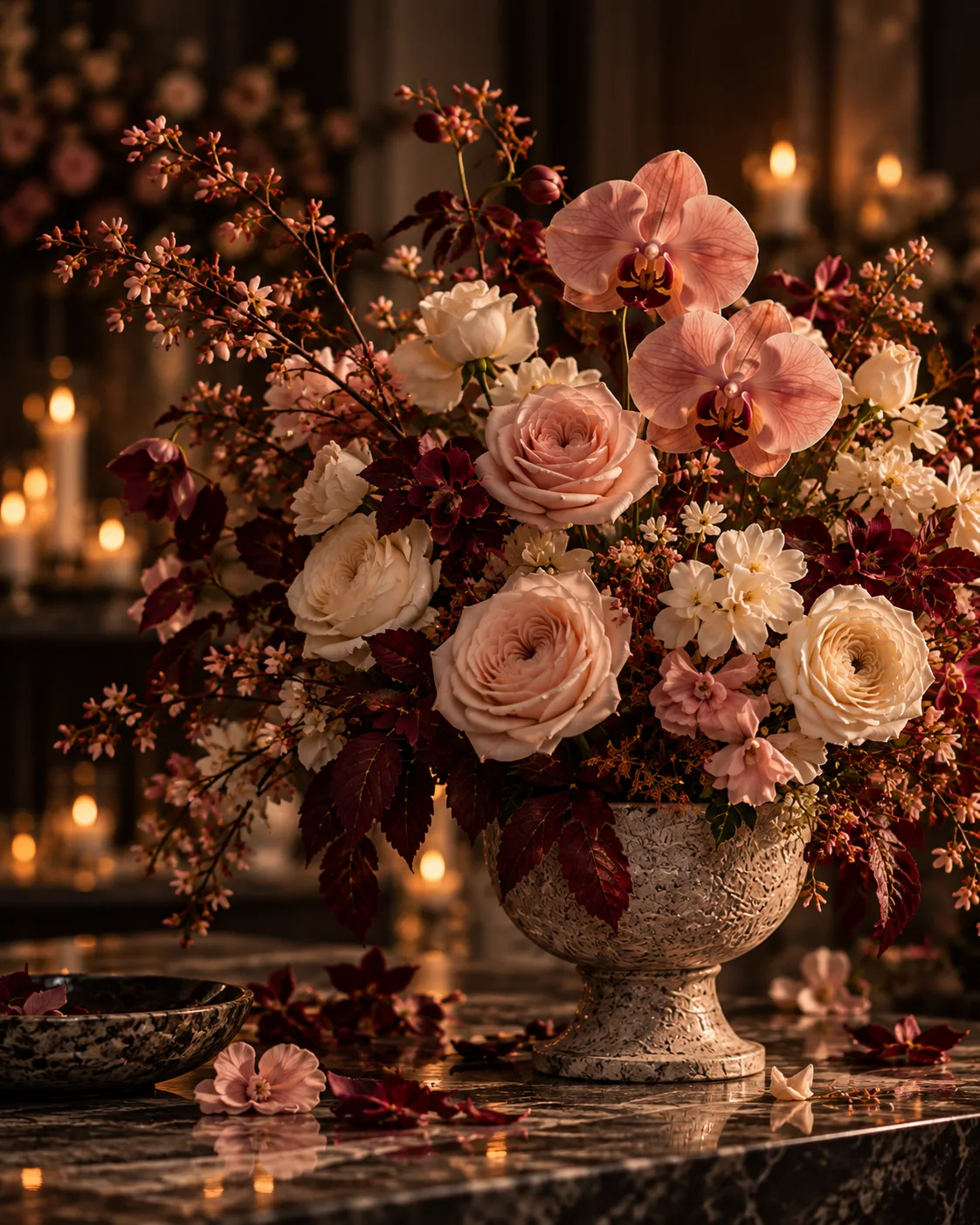 Luxury pedestal arrangement of garden roses and orchids for same-day flower delivery in Penn Quarter, Washington DC
