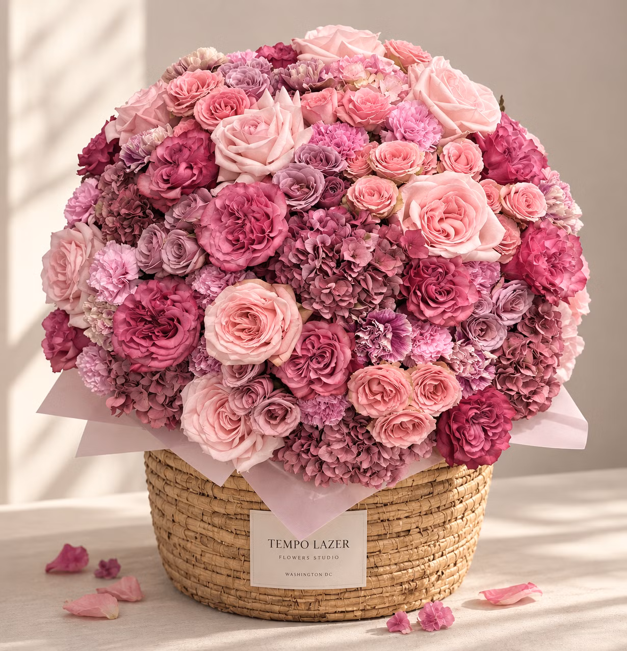 Bloom Basket – Luxury Pink & Purple Flower Arrangement by Tempo Lazer Flowers