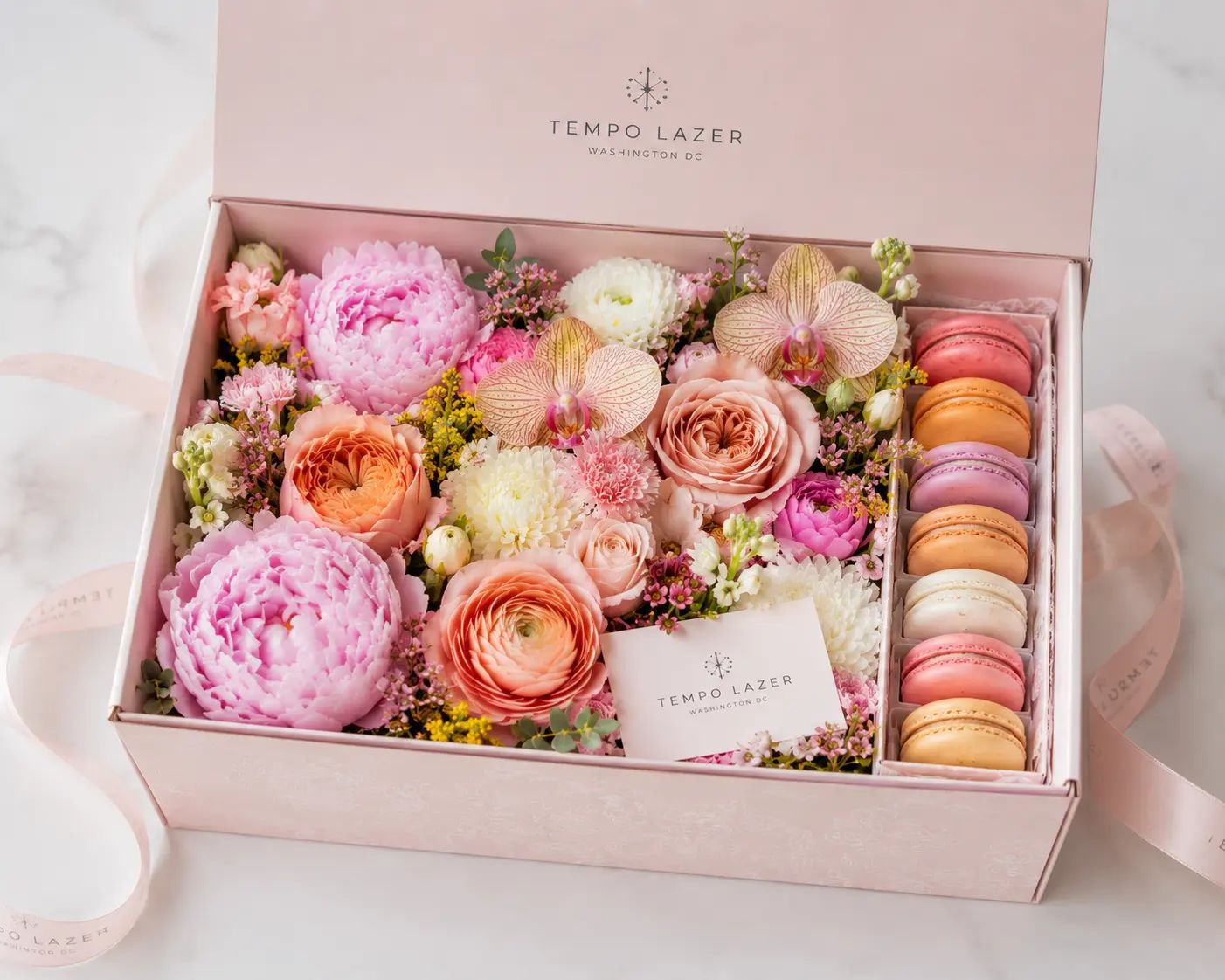 Blush Garden Macaron Box - Shop Blush Garden Macaron Box, a premium Blooming Box from Tempo Lazer Flowers Studio. | Tempo Lazer Flowers Studio, Washington DC florist