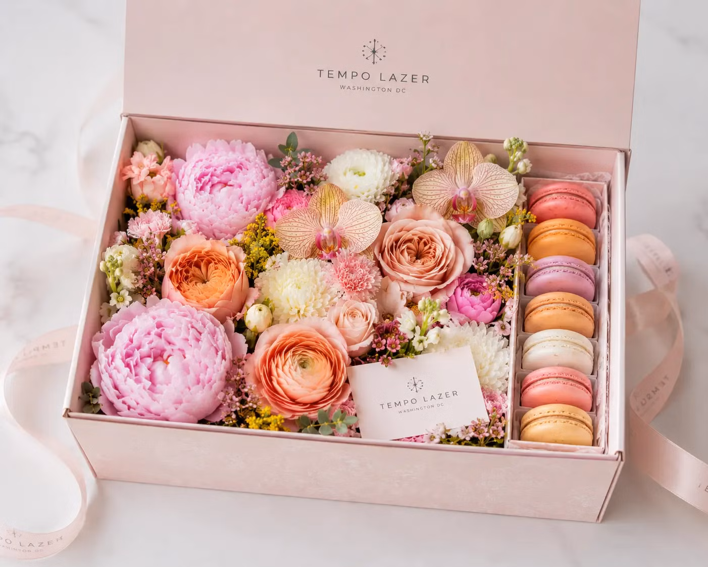 Blush Garden Macaron Box - Shop Blush Garden Macaron Box, a premium Blooming Box from Tempo Lazer Flowers Studio. | Tempo Lazer Flowers Studio, Washington DC florist