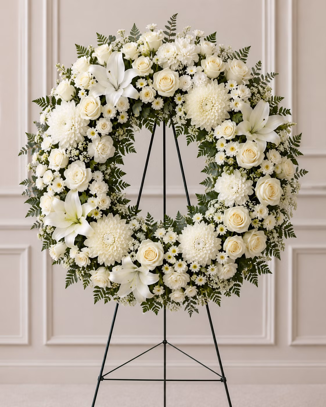 Funeral Wreath — White - Funeral Wreath — White: Composizione · Tempo Lazer Flowers Studio. | Tempo Lazer Flowers Studio, Washington DC florist