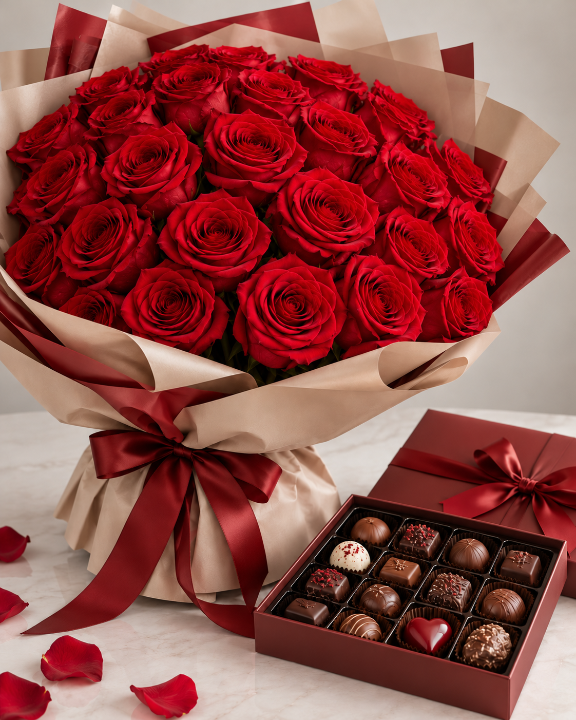 Red roses and a box of chocolates\. by Tempo Lazer Flowers