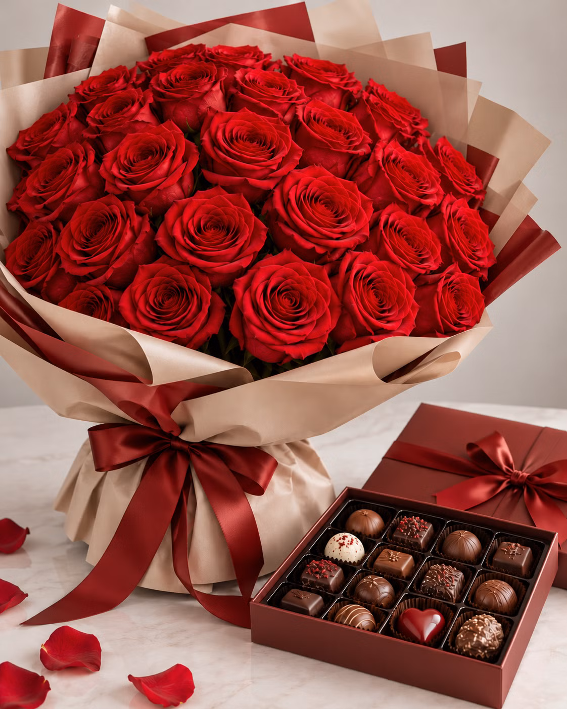 Red roses and a box of chocolates\. by Tempo Lazer Flowers