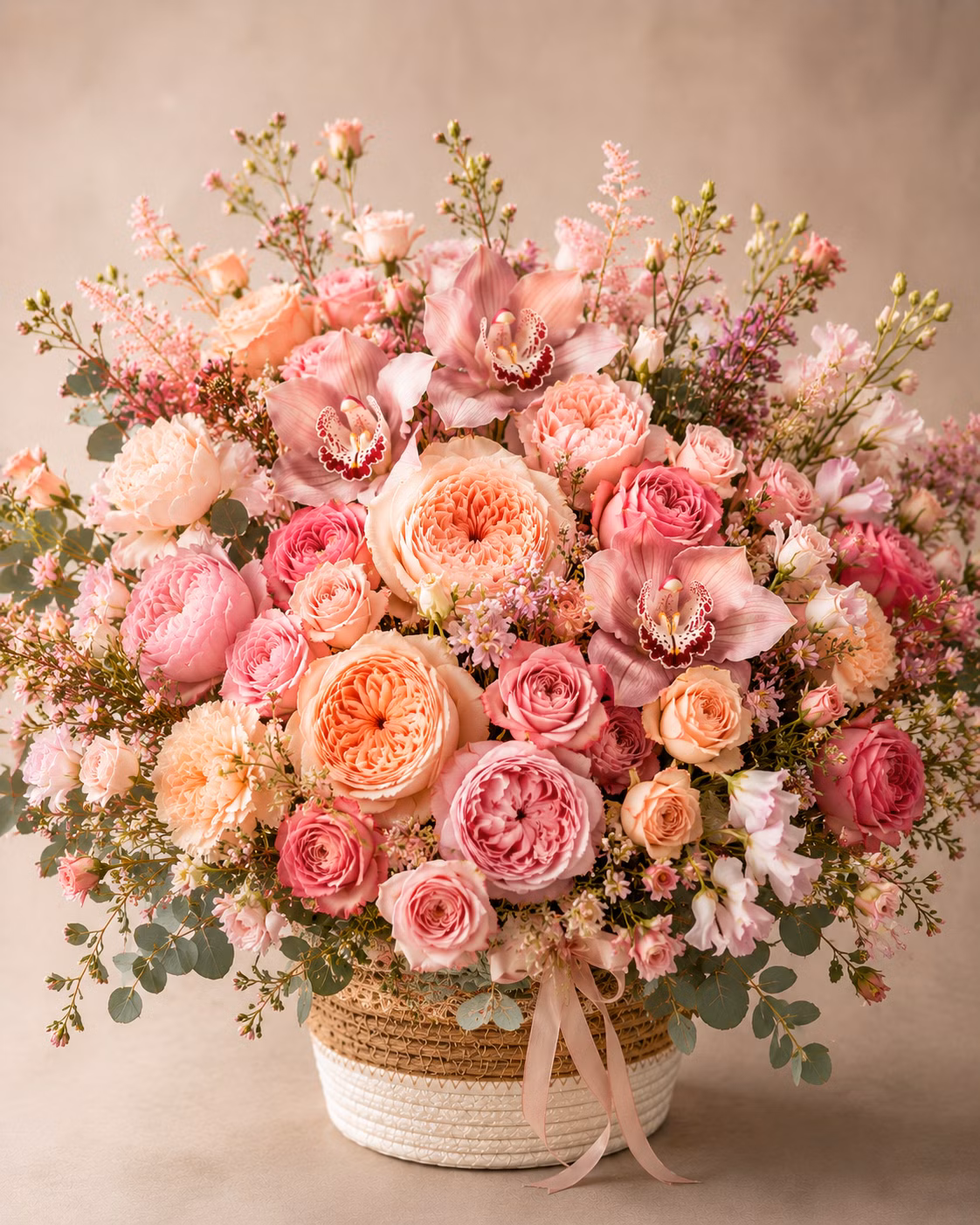 Blush Orchid Garden Basket Arrangement - Shop Blush Orchid Garden Basket Arrangement, a premium Arrangement from Tempo Lazer Flowers Studio. | Tempo Lazer Flowers Studio, Washington DC florist