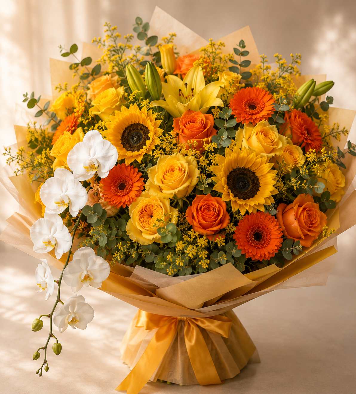 Yellow and Orange Sunrise Arrangement - Yellow and Orange Sunrise Arrangement: دسته‌گل · Tempo Lazer Flowers Studio. | Tempo Lazer Flowers Studio, Washington DC florist